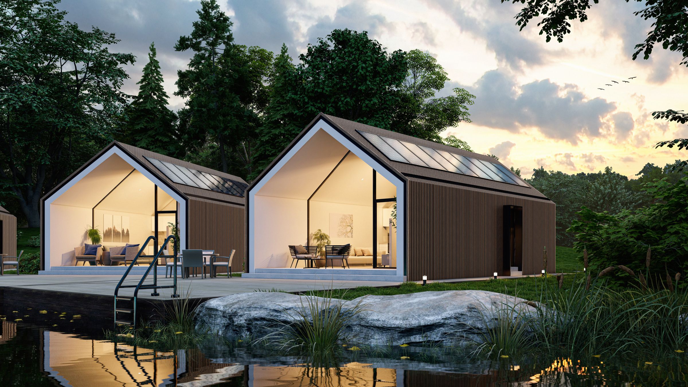 My Green Home — vízparti otthon naplementében